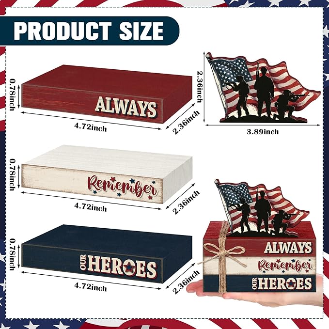 Geelin 4 Pcs Memorial Day Wooden Book Stack Decorations, Patriotic Tabletop Book Sign with Soldiers and American Flag, Rustic Red White Blue Tiered Tray Decor for Home Office Veterans Day