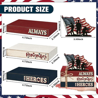 Geelin 4 Pcs Memorial Day Wooden Book Stack Decorations, Patriotic Tabletop Book Sign with Soldiers and American Flag, Rustic Red White Blue Tiered Tray Decor for Home Office Veterans Day