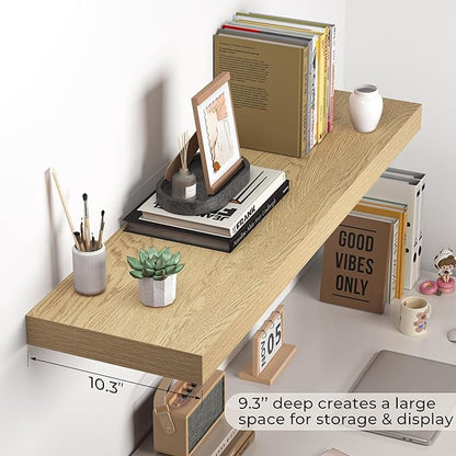 Fun Memories Floating Shelves - 10.3 Inch Deep Wall Shelf for Decor & Storage - Wall Mounted Display Shelving with Invisible Heavy-Duty Metal Bracket - 36"x 10.3"x1.8" 1Pack, Oak