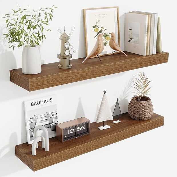 Fun Memories Floating Shelves 30 Inch, Wall Mounted Wood Shelf Set of 2, Farmhouse Decor for Bathroom, Bedroom, Kitchen, Living Room, Walnut