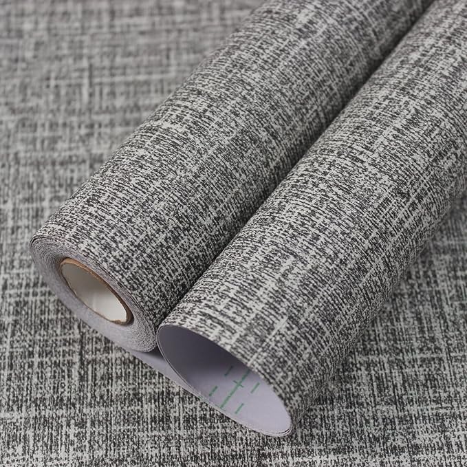 WADILE Grasscloth Peel and Stick Wallpaper 15.7in x 393.7in, Textured Contact Paper for Cabinets, Faux Linen Wall Paper Pull and Stick, Fabric Vinyl Wallpaper Self Adhesive Dark Gray