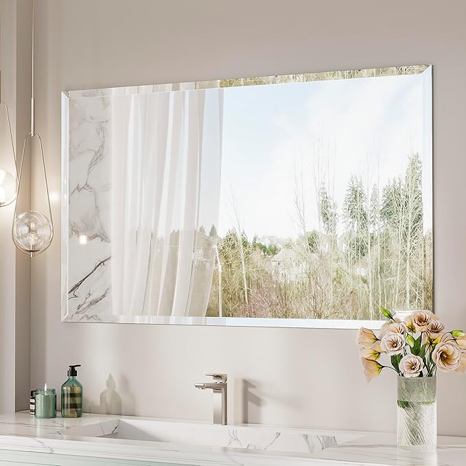 Keonjinn 48 x 30 Inch Bathroom Mirror Beveled, Rectangle Frameless Mirrors for Over Sink, Shatterproof, Modern Decorative for Living Room, Entryway, Bedroom, Horizontal/Vertical