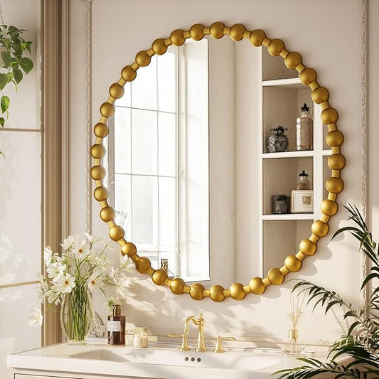 Round Mirror for Wall, 32 Inch Gold Beaded Frame Decorative Vanity Mirror, Circle Bathroom Mirror with High-Definition Lense, Modern Wall Decor for Bathroom, Living Room, Bedroom, Entryway