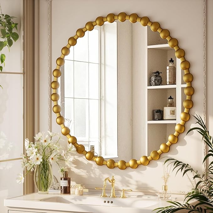 Round Mirror for Wall, 32 Inch Gold Beaded Frame Decorative Vanity Mirror, Circle Bathroom Mirror with High-Definition Lense, Modern Wall Decor for Bathroom, Living Room, Bedroom, Entryway