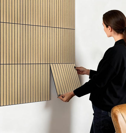 16-Pack Peel and Stick Acoustic Wall Panels, 11.8" x 11.8" PET Soundproof & Noise Cancelling Acoustic Felt, Self-Adhesive 3D Sound Absorbing Slat Wall Paneling for Interior Wall Decor, Natural Oak