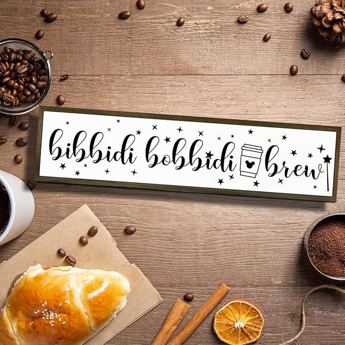 Cute Coffee Decoration, Country Farmhouse Wooden Box Sign, Rustic Wood Hanging Signs, Perfect for Home, Kitchen, Cafe, Bar or Coffee Corner Decor, Bibbidi Bobbidi Brew Sign 17.8x4x1.2 inches