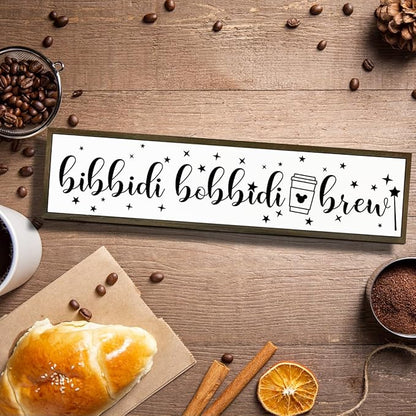 Cute Coffee Decoration, Country Farmhouse Wooden Box Sign, Rustic Wood Hanging Signs, Perfect for Home, Kitchen, Cafe, Bar or Coffee Corner Decor, Bibbidi Bobbidi Brew Sign 17.8x4x1.2 inches