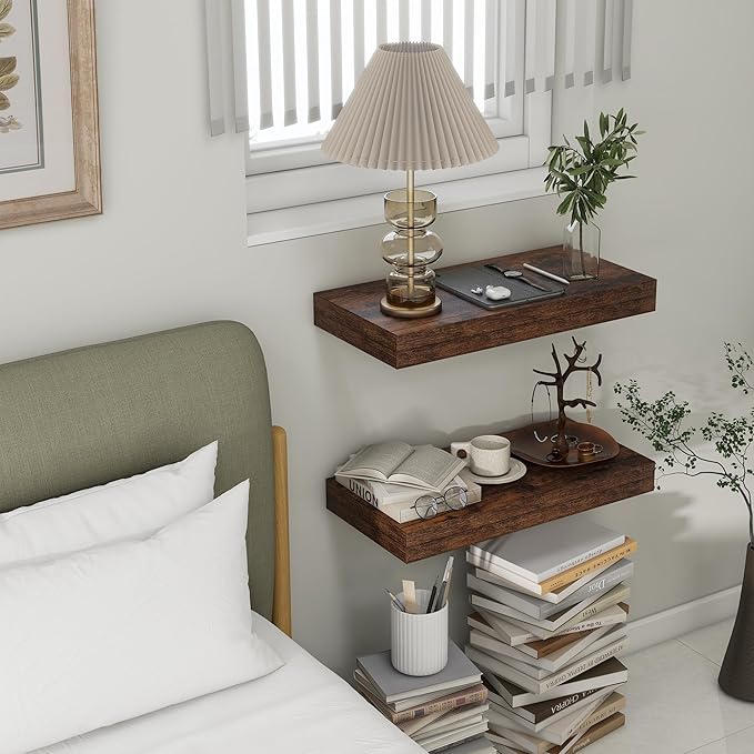 Deep Floating Shelves | 24 Inch Brown Floating Shelves Set of 2 | 12 Inch Deep Rustic Wood Shelves for Wall | 24