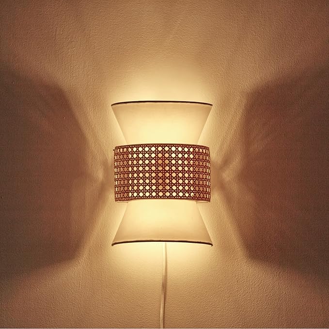 Globe Electric 65925 2-Light Plug-in or Hardwire Wall Sconce, Matte White Fabric Shade with Natural Rattan Accent, 6ft Braided Cord, in-Line Rocker Switch, Modern Lighting for Apartments or Renters