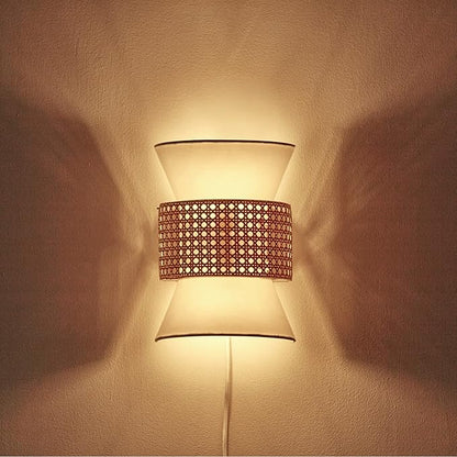 Globe Electric 65925 2-Light Plug-in or Hardwire Wall Sconce, Matte White Fabric Shade with Natural Rattan Accent, 6ft Braided Cord, in-Line Rocker Switch, Modern Lighting for Apartments or Renters