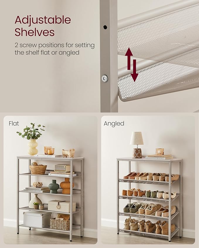 VASAGLE Shoe Rack for Entryway, 5-Tier Shoe Rack Organizer with Storage Shelves and Spacious Top, Freestanding, Adjustable, Industrial, Cappuccino Beige and Oatmeal Beige ULBS038L01