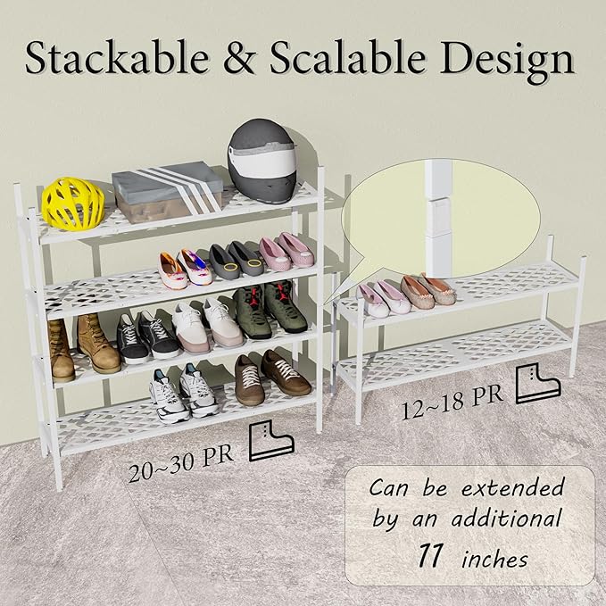 Shoe Rack, Expandable Shoes Organizer Metal Shelf Stand, 2 Tier Stackable Long Shoe Storage Holder For Closet, Floor, Entryway, Garage, Bedroom, Door Entrance For 12-18 Pairs, 45.6 inches White