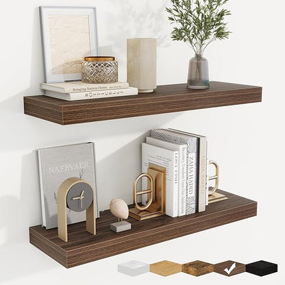 fuqing Floating Shelves for Wall, Wall Mounted Wood Floating Shelf with Invisible Brackets for Living Room, Bathroom, Bedroom, Kitchen Storage and Decor, 24 Inch Set of 2, Walnut