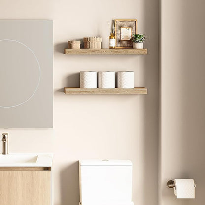 Ballucci Floating Shelves, 24" Wood Wall Shelf Set of 2, Invisible Brackets Floating Shelf Bathroom Wall Decor, Living Room, Bedroom, Kitchen, Nursery, 6" Deep, Natural Oak