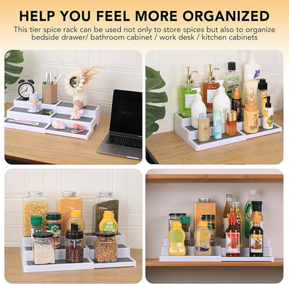 3-Tier Expandable Spice Rack, Plastic Spice Rack Organizer for Cabinet, Adjustable Length, Non-Skid Spice Shelf Organizer for Kitchen Cabinet, Countertop or Pantry, 2 Pack, White/Grey
