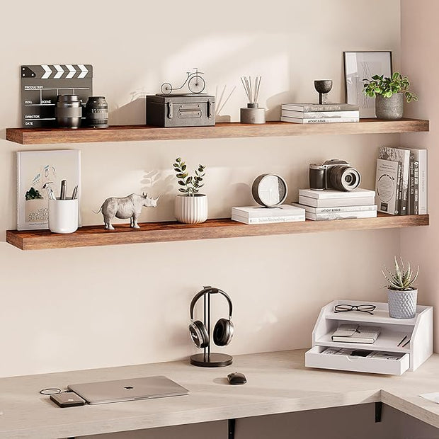 Ballucci Floating Shelves for Wall, 60" Wood Wall Shelf Set of 2, with Invisible Brackets for Bathroom, Living Room, Bedroom, Kitchen, Nursery, 8" Deep, Rustic Brown