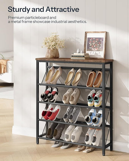Shoe Rack, 5-Tier Slanted Shoe Storage Shelf, Narrow Shoe Rack for Entryway, Shoe Organizer with Adjustable Feet, Slim Shoe Shelf with Wooden Top and Metal Frame Rustic Brown and Black TXJ02BF