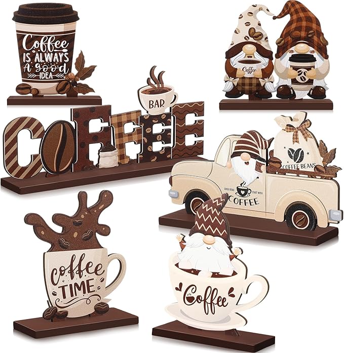 Blosssound 6 Pcs Coffee Bar Decor Sign Coffee Bar Accessories Farmhouse Gnomes Rustic Table Centerpiece Wood Tiered Tray Decor Table Signs for Home Kitchen Ornament