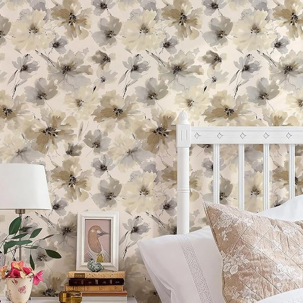 Floral Peel and Stick Wallpaper, Beige Yellow Watercolor Flower Contact Paper Peel and Stick for Bedroom Bathroom, Vintage Removable Waterproof Self Adhesive Wall Paper 1200 x 17.3in, 144.3 sq.ft