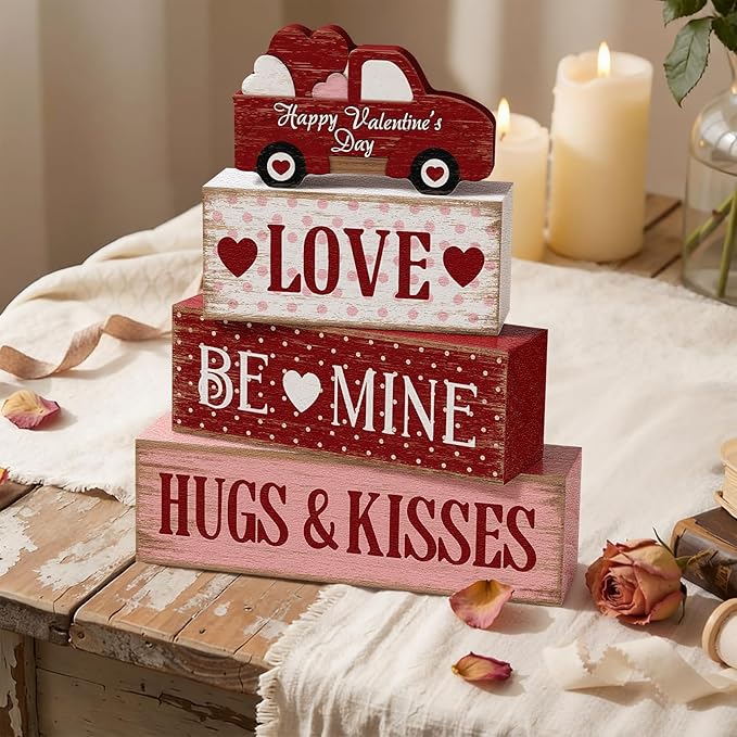 Marsui 4 Pcs Valentine's Day Decorations Truck Wooden Signs Rustic Distressed Table Decor Valentines Centerpieces Blocks Farmhouse Tiered Tray Decor Happy Valentine Day Decorations for Home Desk Shelf