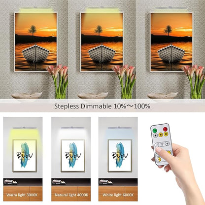 MIOBLUE Wireless Picture Lights with Remote, Metal 16in Recgargeable Battery Painting Light Display Lamp with 3 Lighting Modes, Dimmable Dartboard Light with Timer for Frame Portrait Art, Silver
