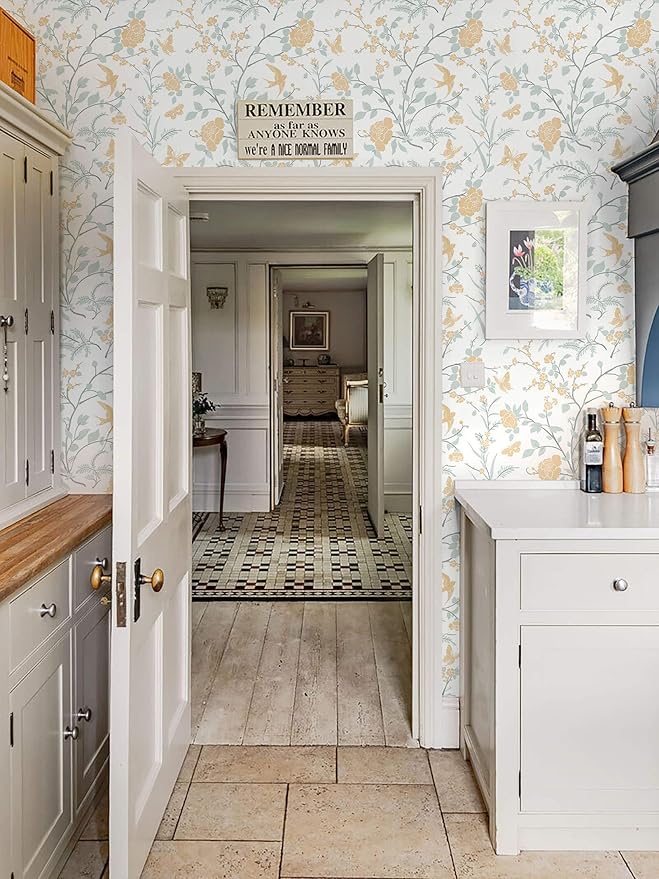 Yellow Wallpaper Floral Peel and Stick Wallpaper Boho Light Blue and Yellow Wall Paper Bird Botanical Contact Paper for Cabinets Renter Friendly Self-Adhesive Bathroom Bedroom 78.7"×17.3"