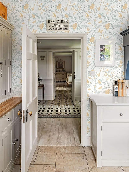 Yellow Wallpaper Floral Peel and Stick Wallpaper Boho Light Blue and Yellow Wall Paper Bird Botanical Contact Paper for Cabinets Renter Friendly Self-Adhesive Bathroom Bedroom 78.7"×17.3"