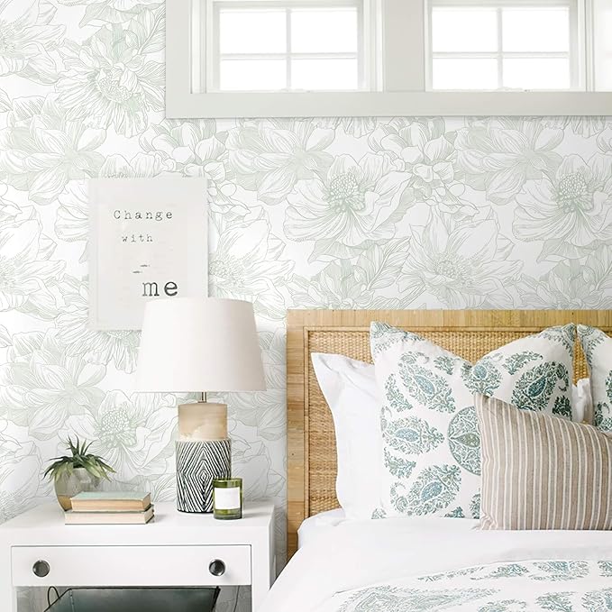 Ismoon Large Floral Peel and Stick Wallpaper Boho White and Green Contact Paper 17.3inx6.5ft Modern Wall Paper Removable Self Adhesive Vinyl Wallpaper for Bedroom Cabinet Bathroom Mural Wall Decor