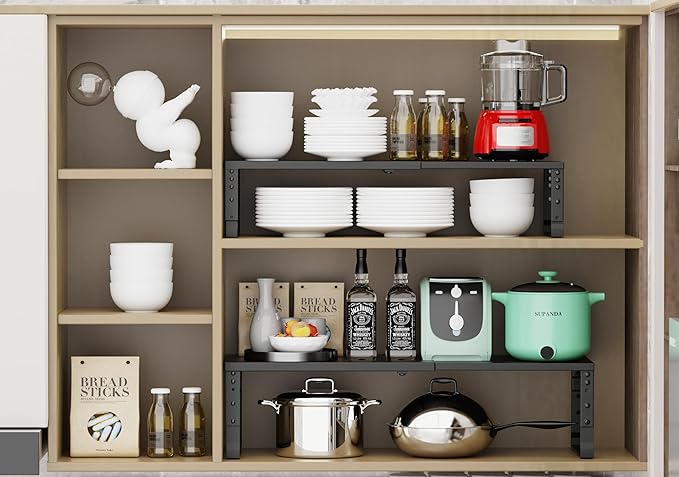 Expandable Stackable Spice Rack Organizer for Kitchen Cabinet,Adjustable Counter Shelf, countertop, Pantry,Cupboard,Bathroom,Bedroom(1Pack/Black/Medium)