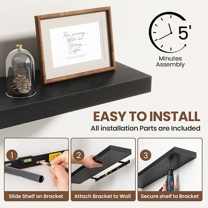 36 Inch Floating Shelves for Wall 2 Pack, 36" Wall Shelves for Books, Storage, Decor, Wall Mounted Floating Shelf with Invisible Brackets for Kitchen, Living Room, Black