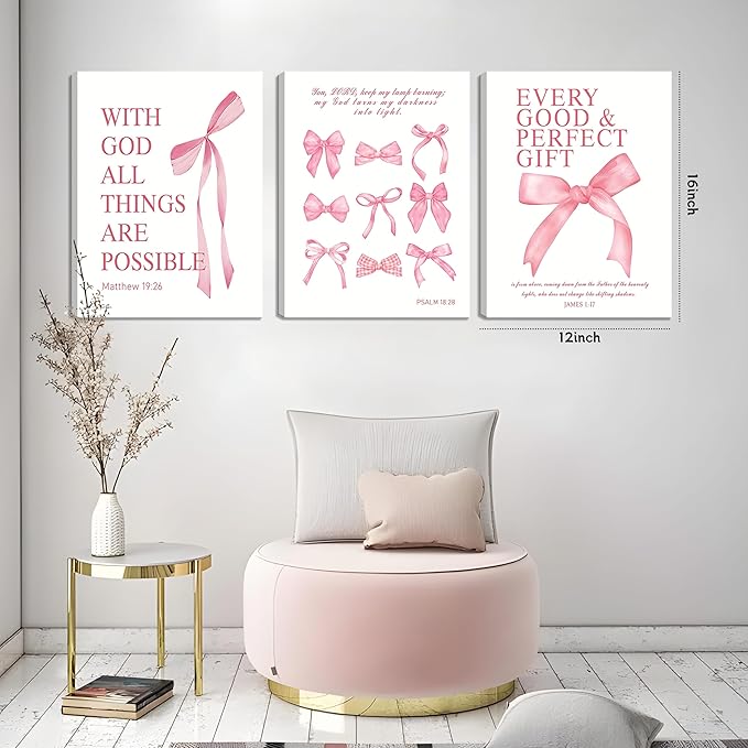 Pink Bow Canvas Wall Art Set of 3, Pink Coquette Dorm Room Wall Decor Paintings, Inspirational Scripture Verses Bows Posters Prints Pictures for Girls Dorm Room Bathroom Bedroom 12x16 Inch Framed