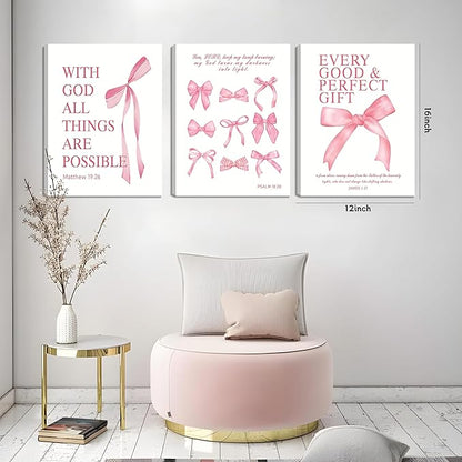 Pink Bow Canvas Wall Art Set of 3, Pink Coquette Dorm Room Wall Decor Paintings, Inspirational Scripture Verses Bows Posters Prints Pictures for Girls Dorm Room Bathroom Bedroom 12x16 Inch Framed
