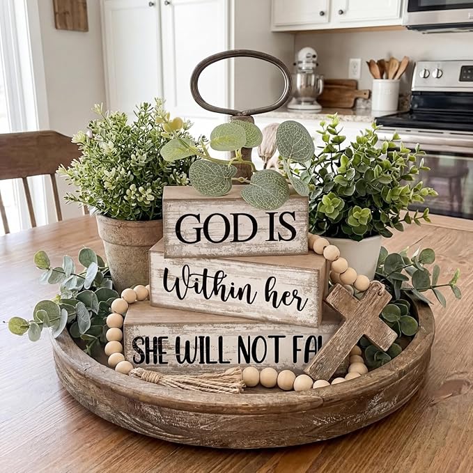 4 Pcs Christian Table Decor Inspirational Religious Gifts for Women God Is Within Her Bible Verse Wooden Block Signs Gift Farmhouse Christian Centerpiece for Mother's Day Home & Office