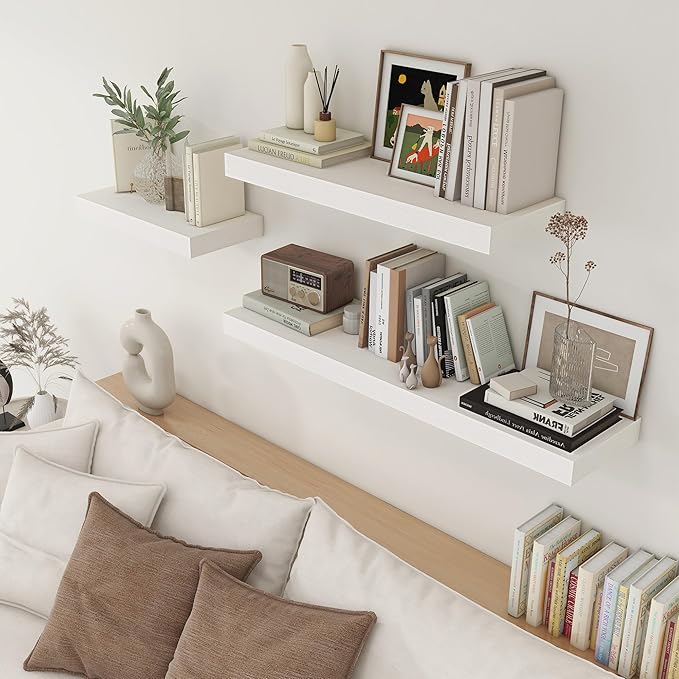 Deep Floating Shelves | 24 Inch White Floating Shelves Set of 2 | 12 Inch Deep Rustic Wood Shelves for Wall | 24