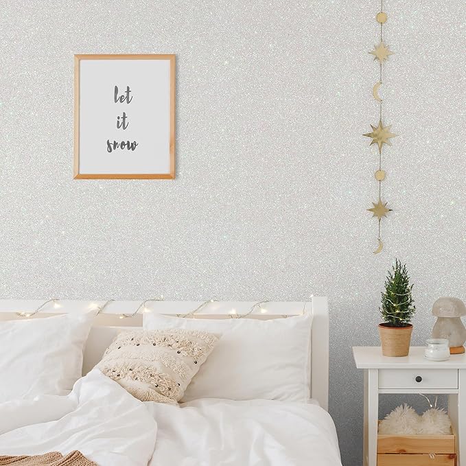 CHIHUT Iridescent Off White Glitter Peel and Stick Wallpaper Sparkle Self Adhesive Removable Wallpaper Decorative Fabric Roll Glitter Wall Covering for Cabinets Drawers Walls 15.7''x100''