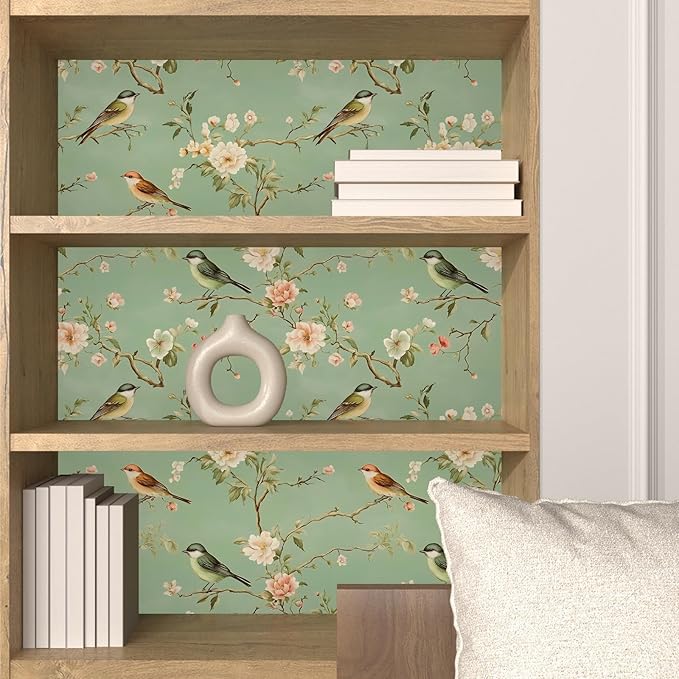 Green Floral Wallpaper Peel and Stick Bird Wallpaper Pink Flower Contact Paper 17.5