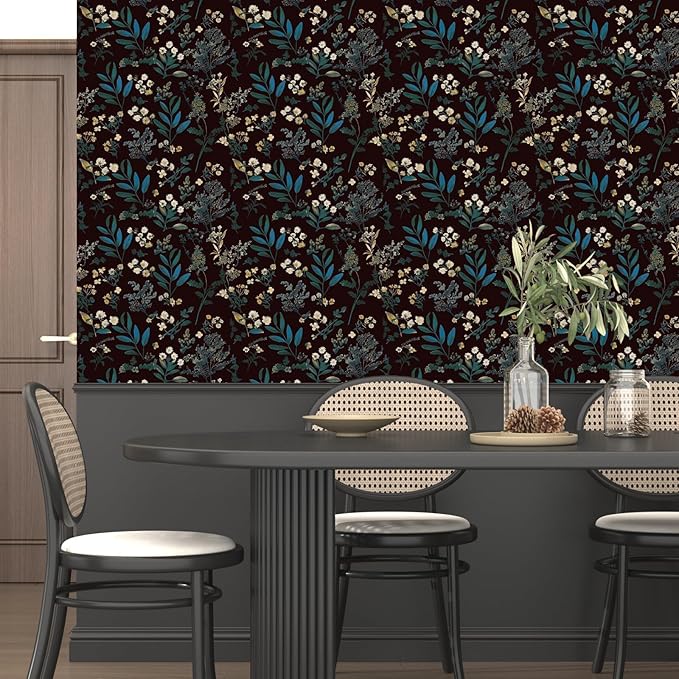 Vintage Wallpaper Peel and Stick Dark Green Floral Wallpaper 17.5'' x 118'' Green Leaf Contact Paper Vinyl Waterproof Self Adhesive Boho Botanical Wall Paper for Bedroom Cabinet Décor