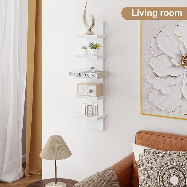 Fun Memories 5 Tier Wall Shelf Unit, White Floating Shelves for Storage - Vertical Column Tower Design, Lack Wall Shelf Space Saving Organizer for Bedroom, Living Room, Home Decor