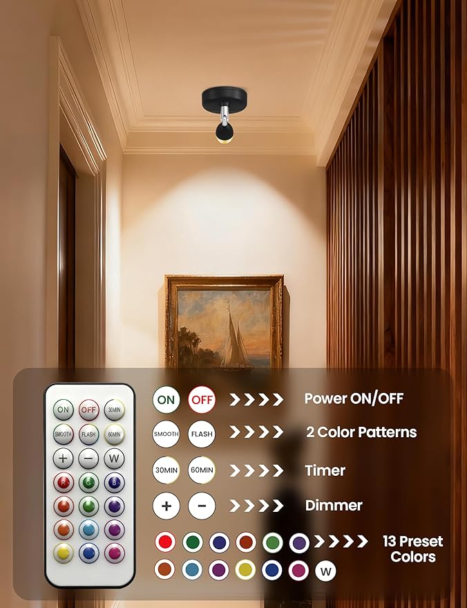 KINDEEP Spot Lights Indoor with Remote: Battery Operated Uplighting, Led Wireless Uplights, Timer＆Dimmable, RGB Small Spotlights for Displays, Picture Lights for Painting, Black, 2 Pack