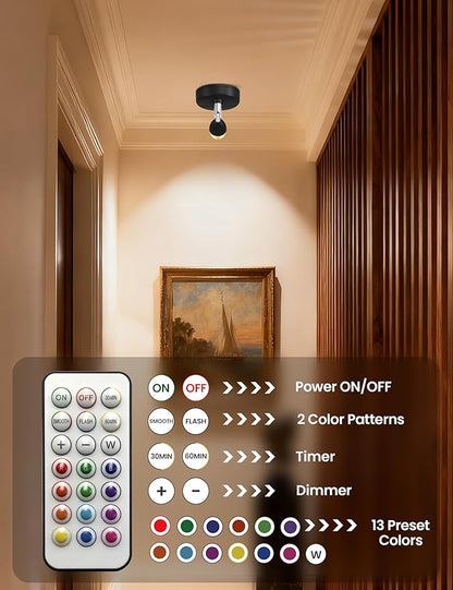 KINDEEP Spot Lights Indoor with Remote: Battery Operated Uplighting, Led Wireless Uplights, Timer＆Dimmable, RGB Small Spotlights for Displays, Picture Lights for Painting, Black, 2 Pack