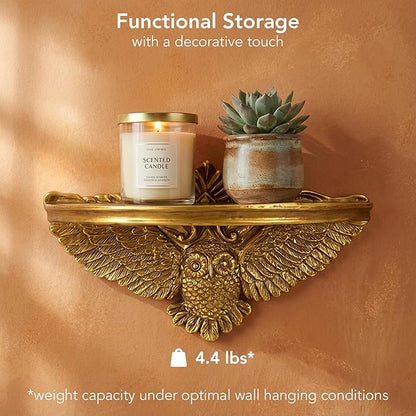 American Art Decor Vintage Ornate Resin Owl Bird Manor Floating Wall Mounted Shelf in Antique Gold - Shabby Chic Baroque Decor Ledge for Small Displays