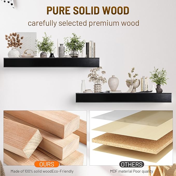 32 Inch Picture Ledge Shelf with Lip,Floating Shelves for Wall, Set of 2 Solid Pine Wood Shelves with Invisible Brackets, Wall Storage for Living Room, Bedroom, Kitchen, Bathroom(Black)