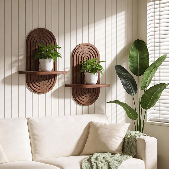 Set of 2 Boho Arched Floating Shelves 15.7”x 7.8”3D Wooden Hanging Shelf for Living Room Bedroom Nursery Mid Century Modern Wall Decor(Dark Brown, 11.7 * 15.7)