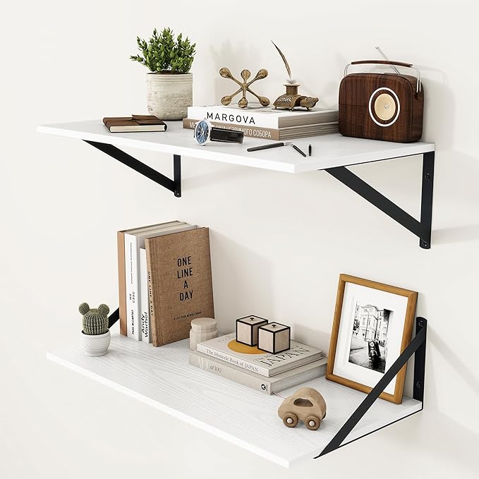 Heimlove White Deep Floating Shelves for Wall, 24W x 12D Wood Wall Shelves Set of 2, Wide Floating Bookshelf for Living Room, Kitchen, Office, Bedroom and Decor Storage, with Black Bracket - White