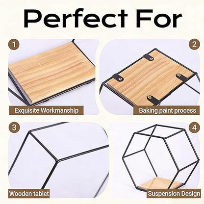Gold Floating Wall Shelves Set of 3,Metal Hexagon Shelving Geometric Wall Mounted Design for Living Room, Bedroom, Kitchen & Office Decor, Easy Install Modern Display Shelves with Golden Finish
