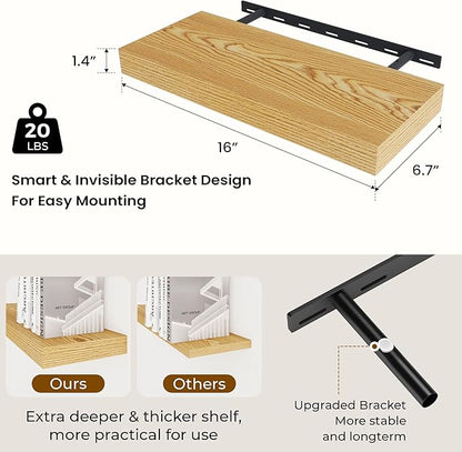 Dreamland 16 Inches Floating Shelves for Wall,6.7 Inch Deep Floating Shelves Set of 2, Large Display & Storage Shelf, Wall Shelf for Bathroom Bedroom Living Room Kitchen Office,Light Brown