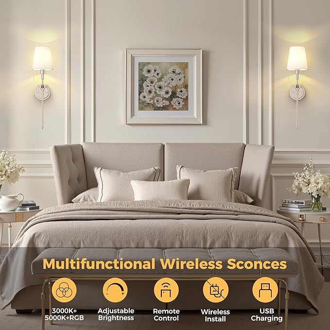 DORESshop Battery Operated Wall Sconce Set of 2, Wireless Wall Light Easy to Install, 7 Color Rechargeable Wall Sconces, Sconce Wall Decor Set of 2 for Bedroom, Living Room, Silver, 24.3in