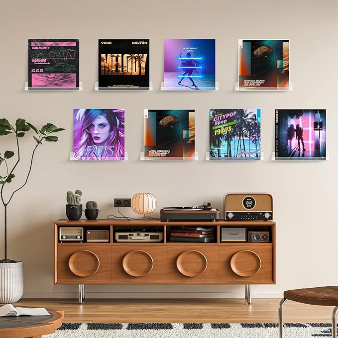 6 Pack 12Inch Vinyl Wall Mount Shelves, Crystal-Clear Acrylic Floating Wall Shelves, Vinyl Holder, Record Storage, Wall Display, Magazine Holder, Album Display