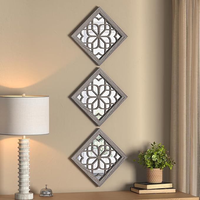 2 PCS Square Rustic Wall Mirror, Farmhouse Wall Mirrors Decorative Brown Wall Mirror for Bedroom Entry Living Room Dining Room (12”x12”)