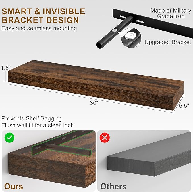 Fun Memories 30Inch Floating Shelves for Wall, 2 Pack Rustic Wood Shelves for Bathroom|Kitchen Wall Mounted Floating Shelf with Invisible Brackets for Books|Storage|Decor, Brown